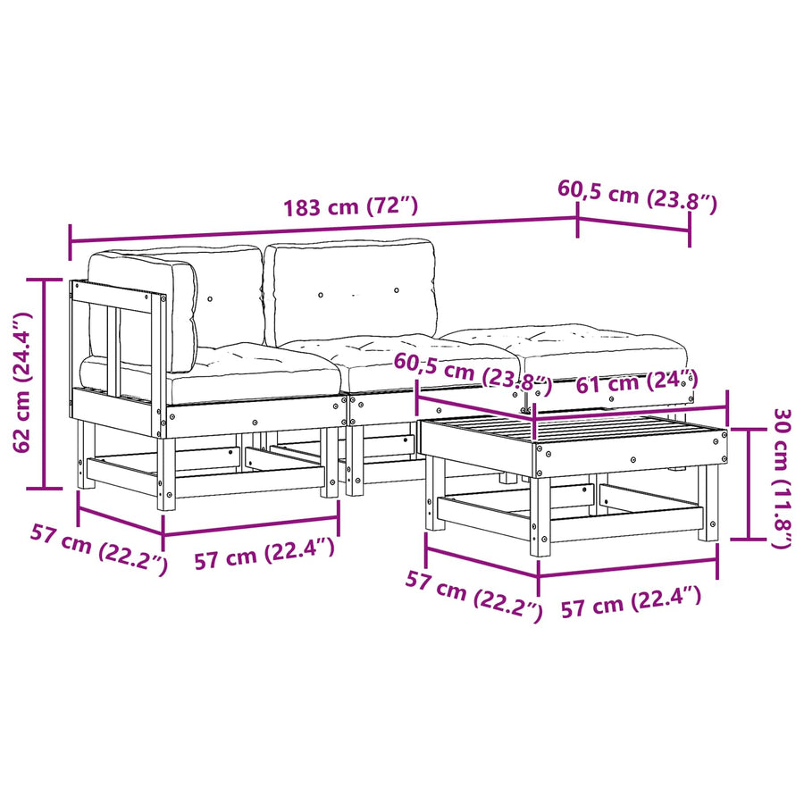 Tuin loungeset 4 pcs Wasbruin Massief grenenhout