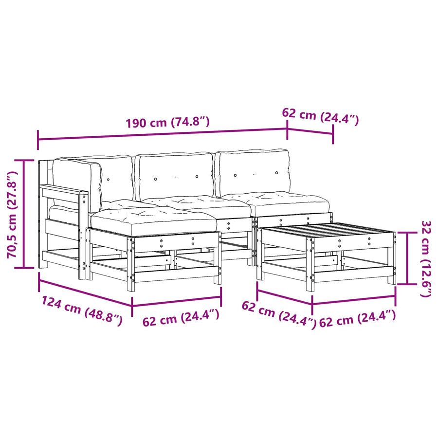 Tuin loungeset 5 pcs Wasbruin Massief grenenhout