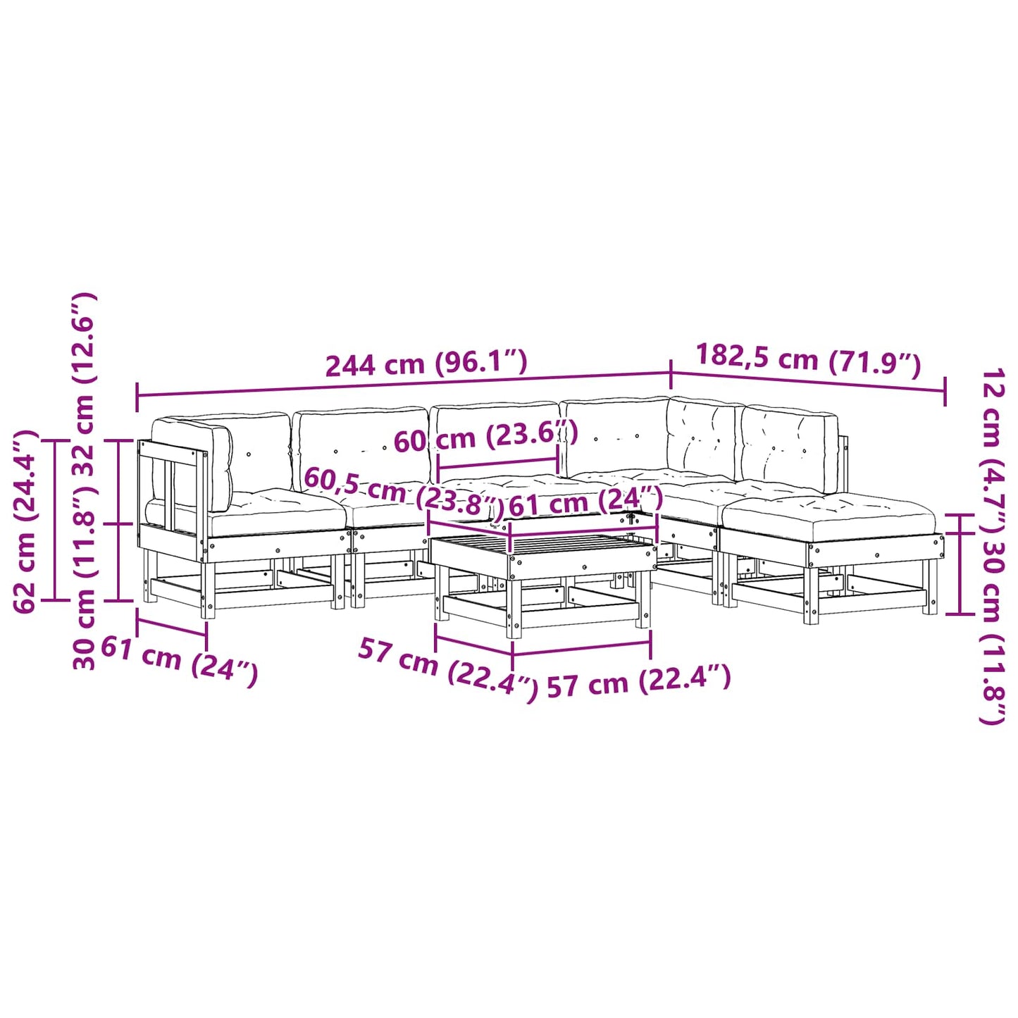 Tuin loungeset 7 pcs Wasbruin Massief grenenhout