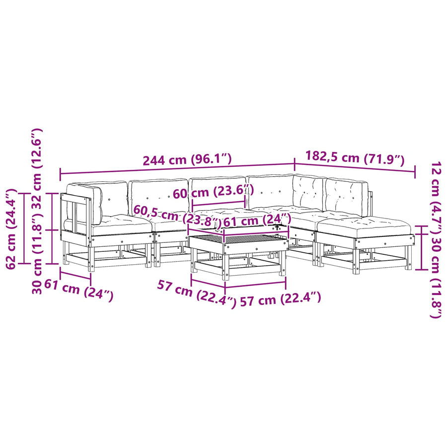 Tuin loungeset 7 pcs Wasbruin Massief grenenhout