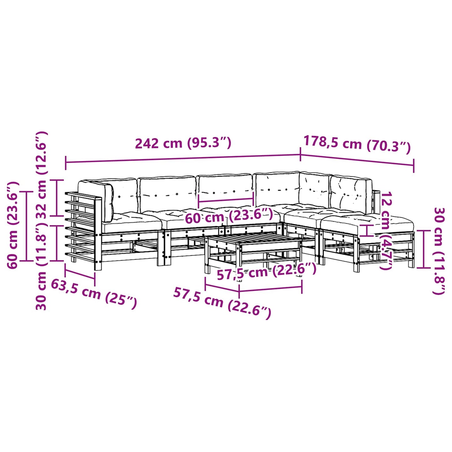 Tuin loungeset 7 pcs Wasbruin Massief grenenhout