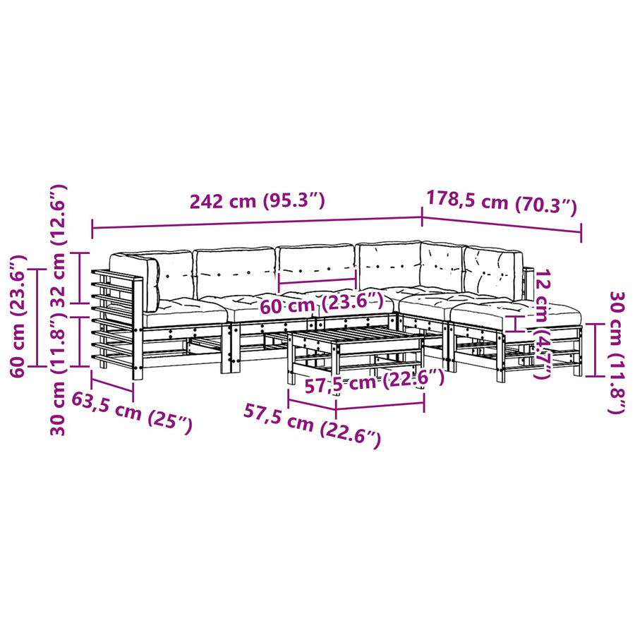 Tuin loungeset 7 pcs Wasbruin Massief grenenhout