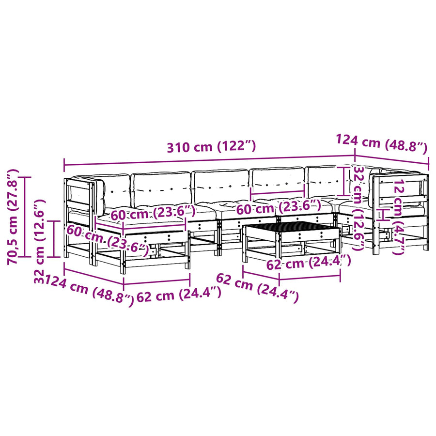Tuin loungeset 8 pcs Wasbruin Massief grenenhout