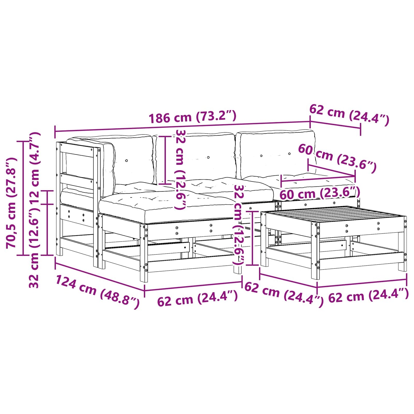 Tuin loungeset 5 pcs Wasbruin Massief grenenhout