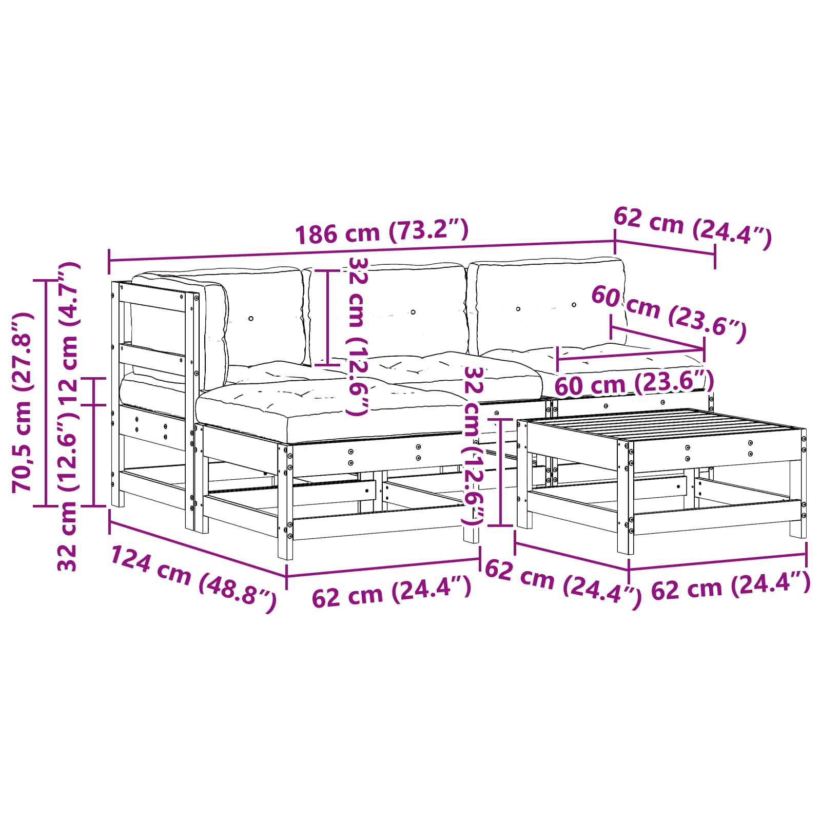 Tuin loungeset 5 pcs Wasbruin Massief grenenhout