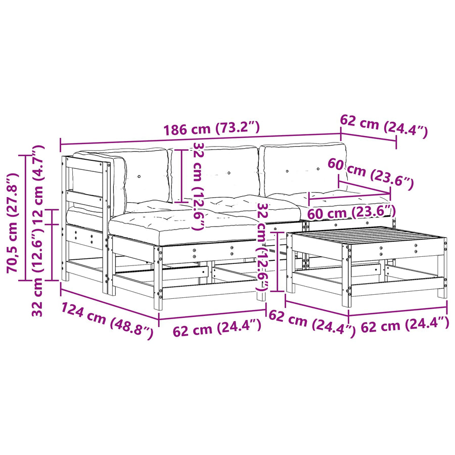 Tuin loungeset 5 pcs Wasbruin Massief grenenhout