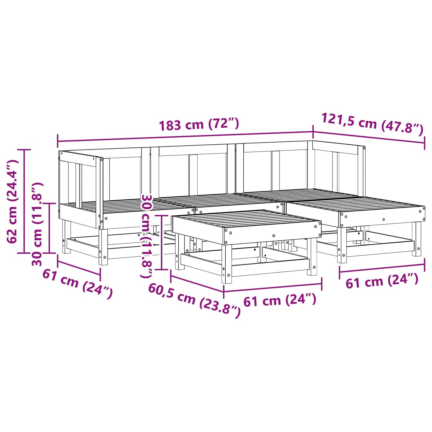 Tuin loungeset 5 pcs Waskleur Bruin Massief grenenhout