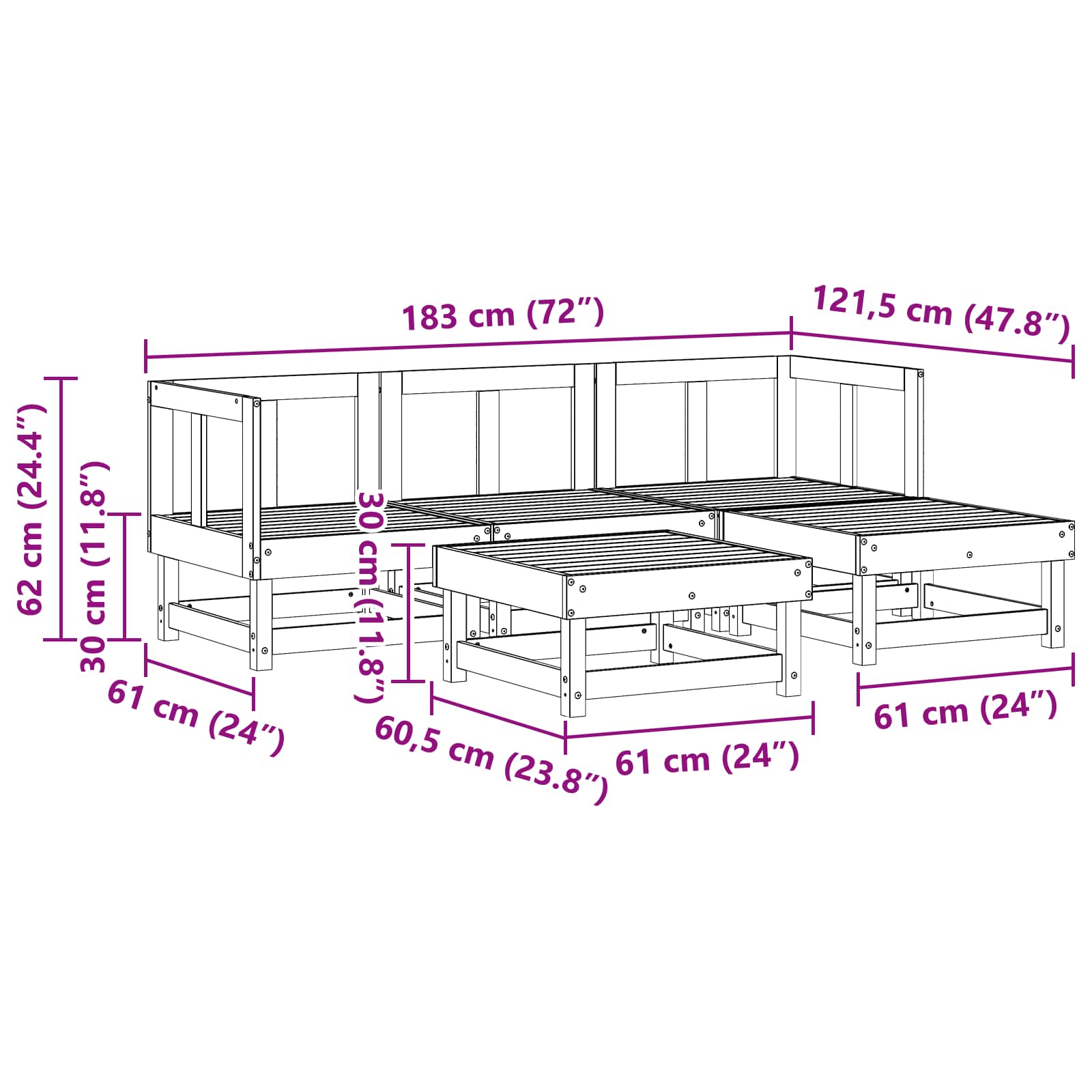 Tuin loungeset 5 pcs Waskleur Bruin Massief grenenhout