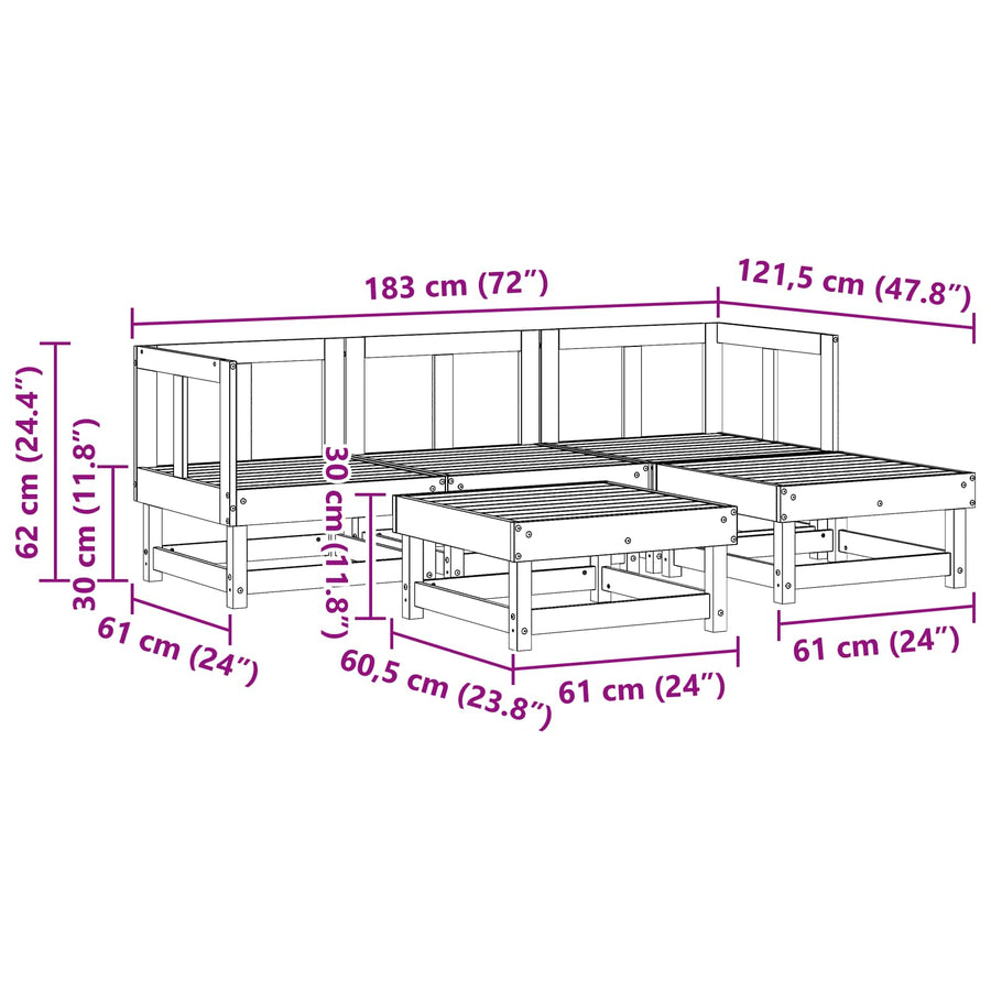 Tuin loungeset 5 pcs Waskleur Bruin Massief grenenhout