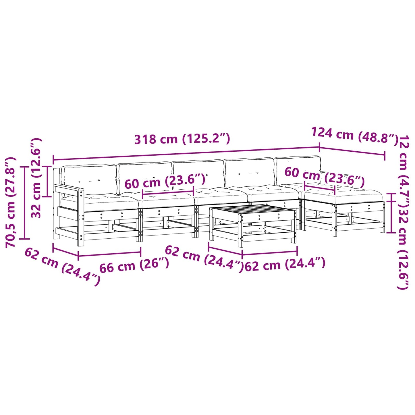 Tuin loungeset 7 pcs Wasbruin Massief grenenhout