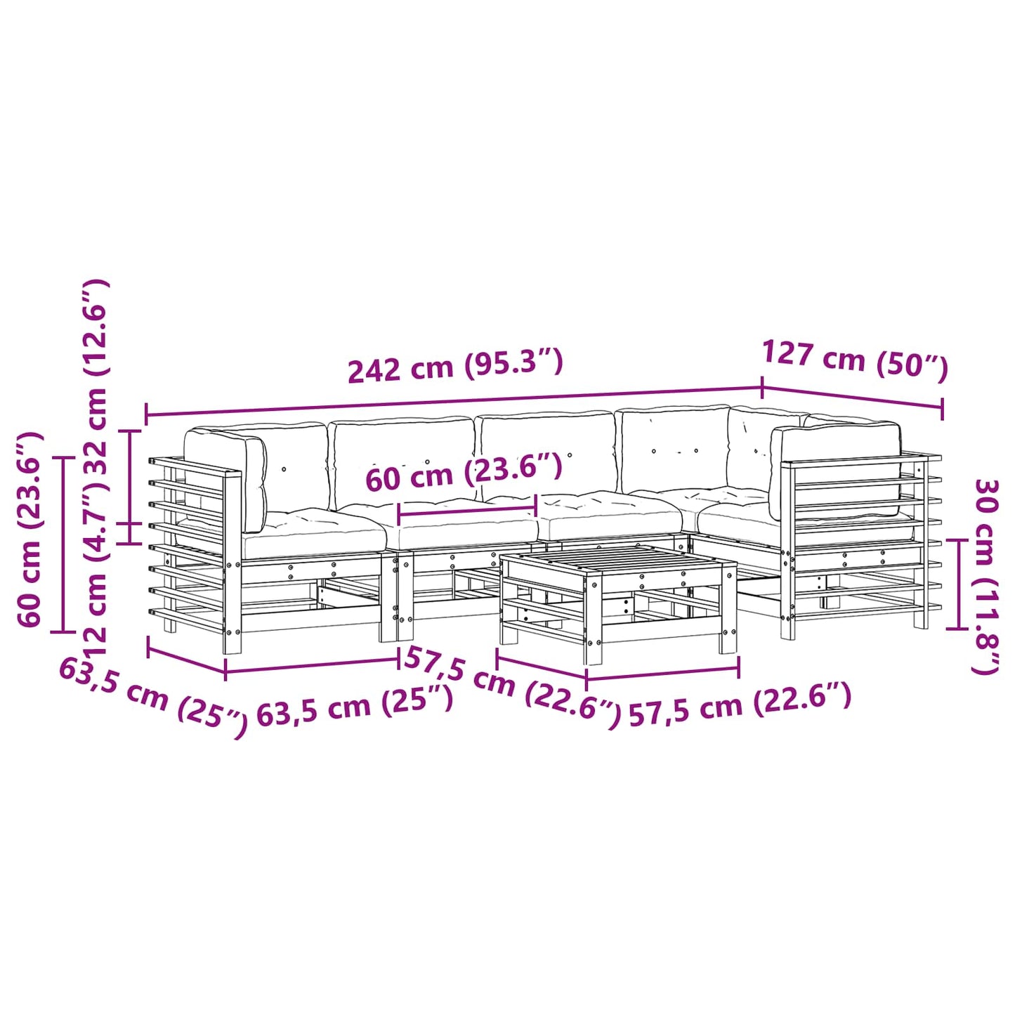 Tuin loungeset 6 pcs Wasbruin Massief grenenhout