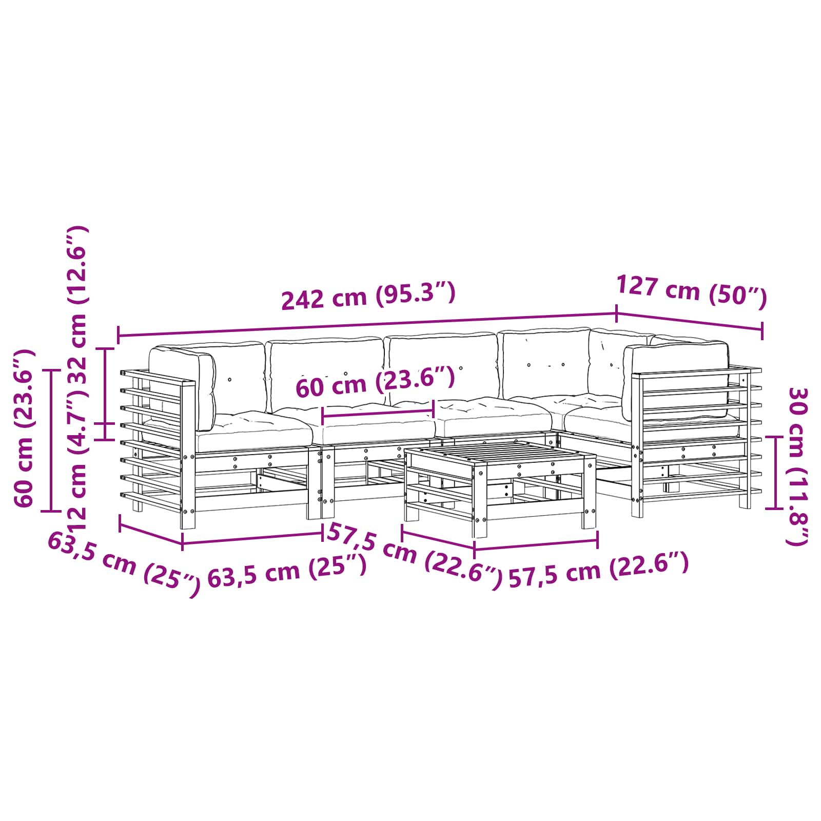 Tuin loungeset 6 pcs Wasbruin Massief grenenhout