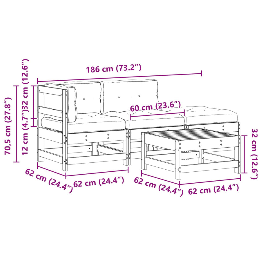Tuin loungeset 4 pcs Wasbruin Massief grenenhout
