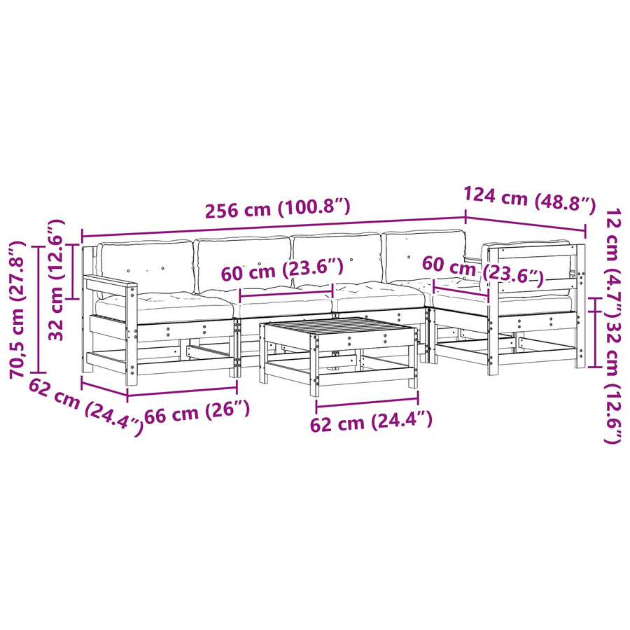 Tuin loungeset 6 pcs Wasbruin Massief grenenhout
