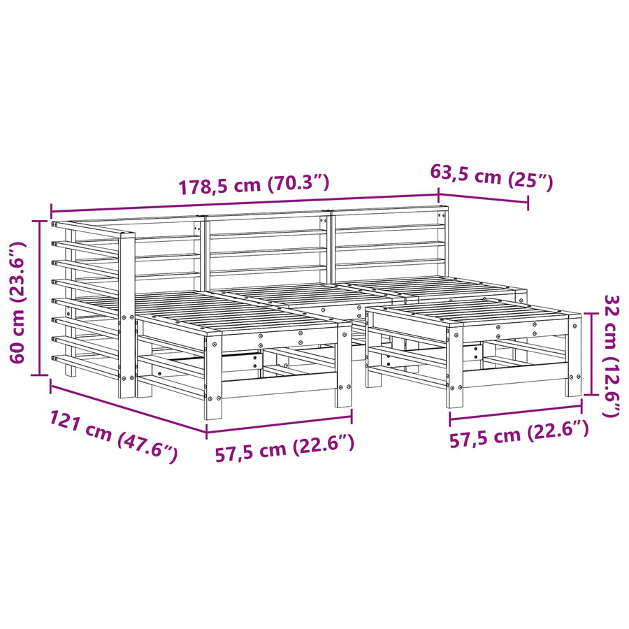 Tuin loungeset 5 pcs Wasbruin Massief grenenhout