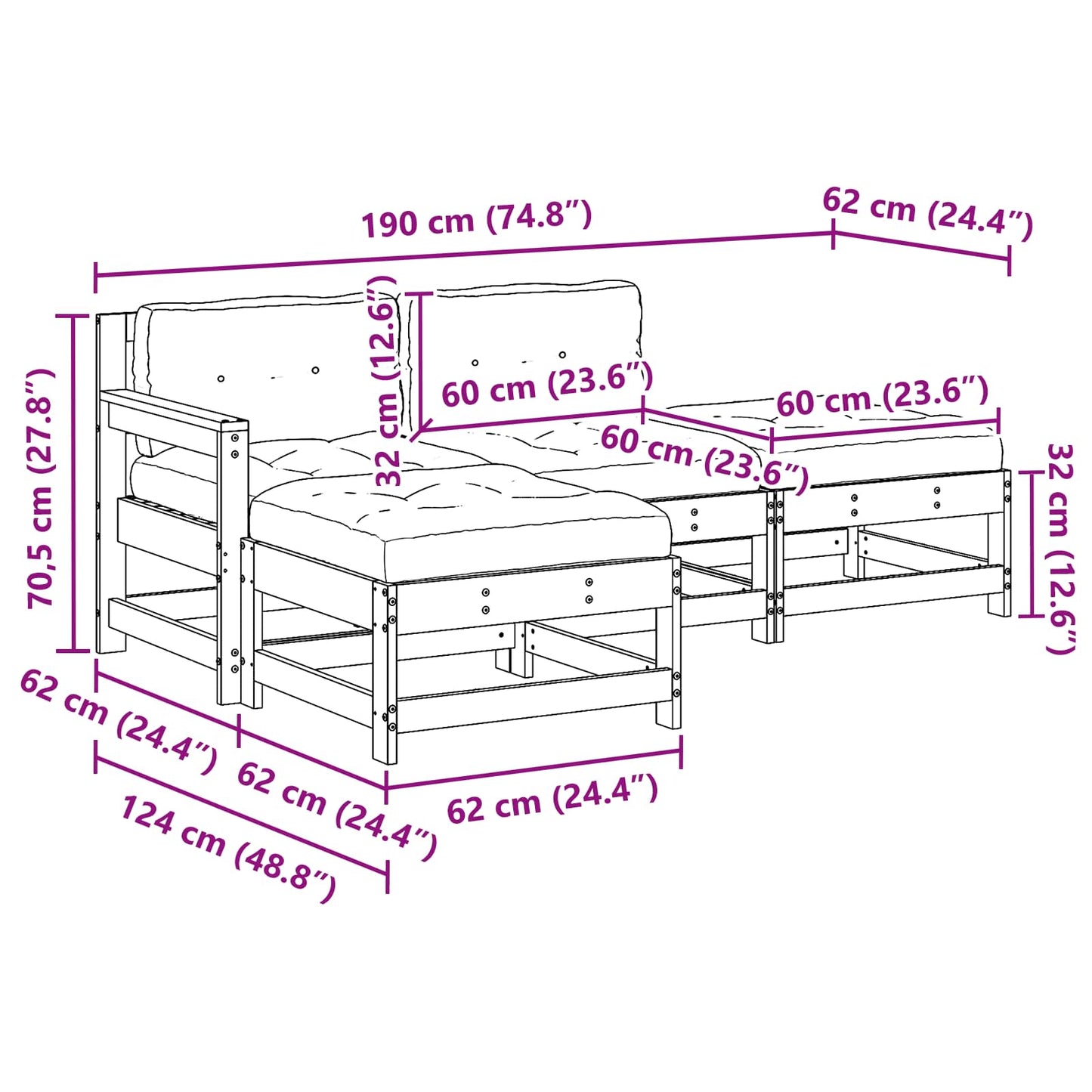 Tuin loungeset 4 pcs Wasbruin Massief grenenhout