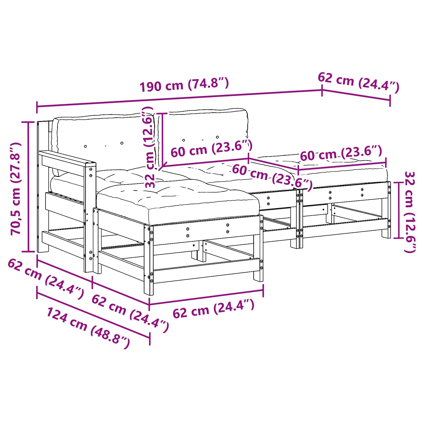 Tuin loungeset 4 pcs Wasbruin Massief grenenhout
