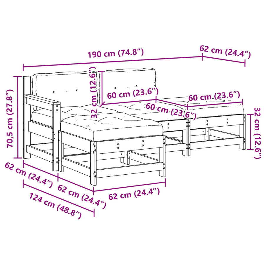 Tuin loungeset 4 pcs Wasbruin Massief grenenhout