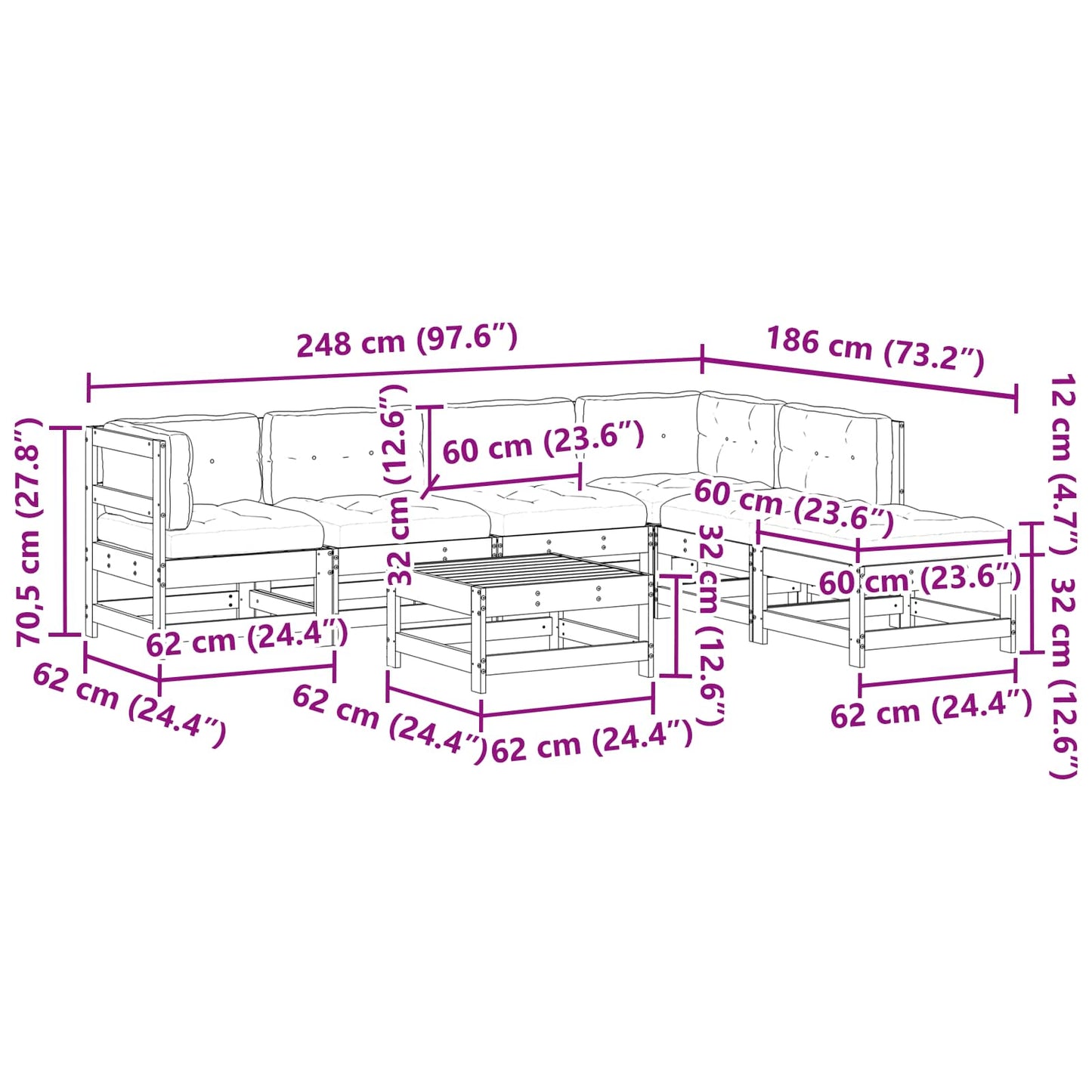 Tuin loungeset 7 pcs Wax Bruin en Taupe Massief grenenhout