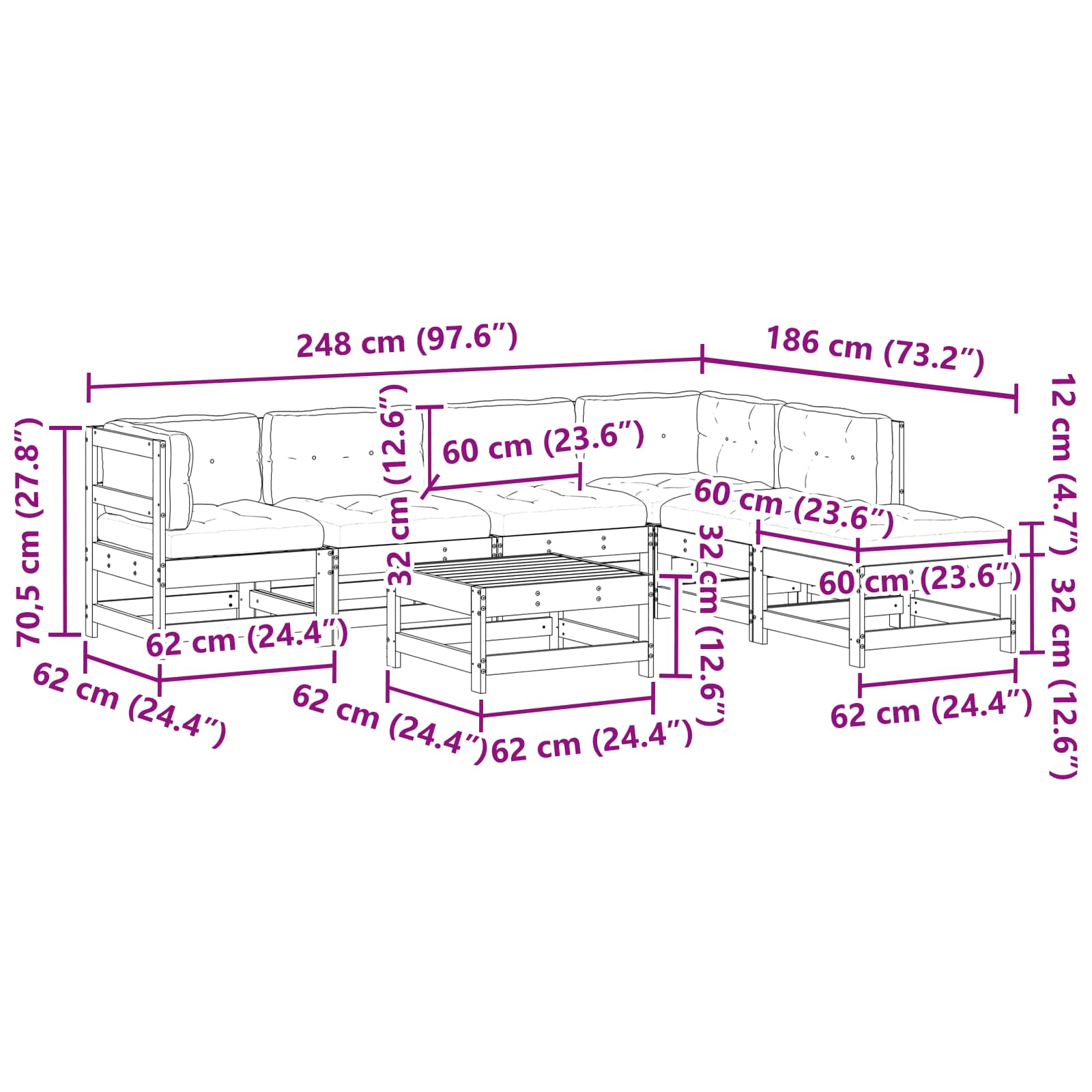 Tuin loungeset 7 pcs Wax Bruin en Taupe Massief grenenhout