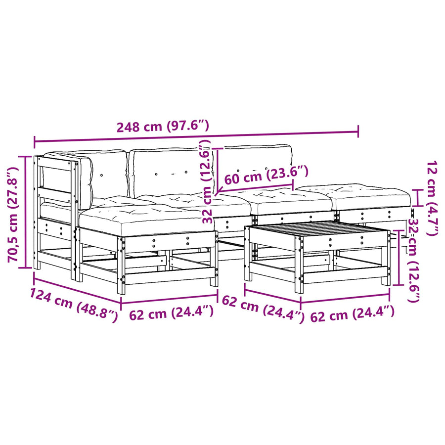 Tuin loungeset 5 pcs Wax Bruin en Taupe Massief grenenhout