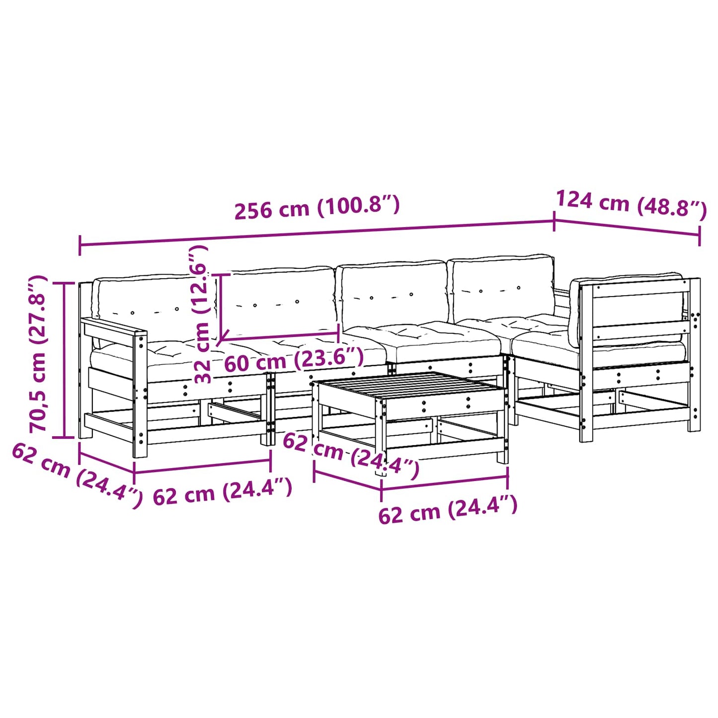 Tuin loungeset 6 pcs Wasbruin Massief grenenhout