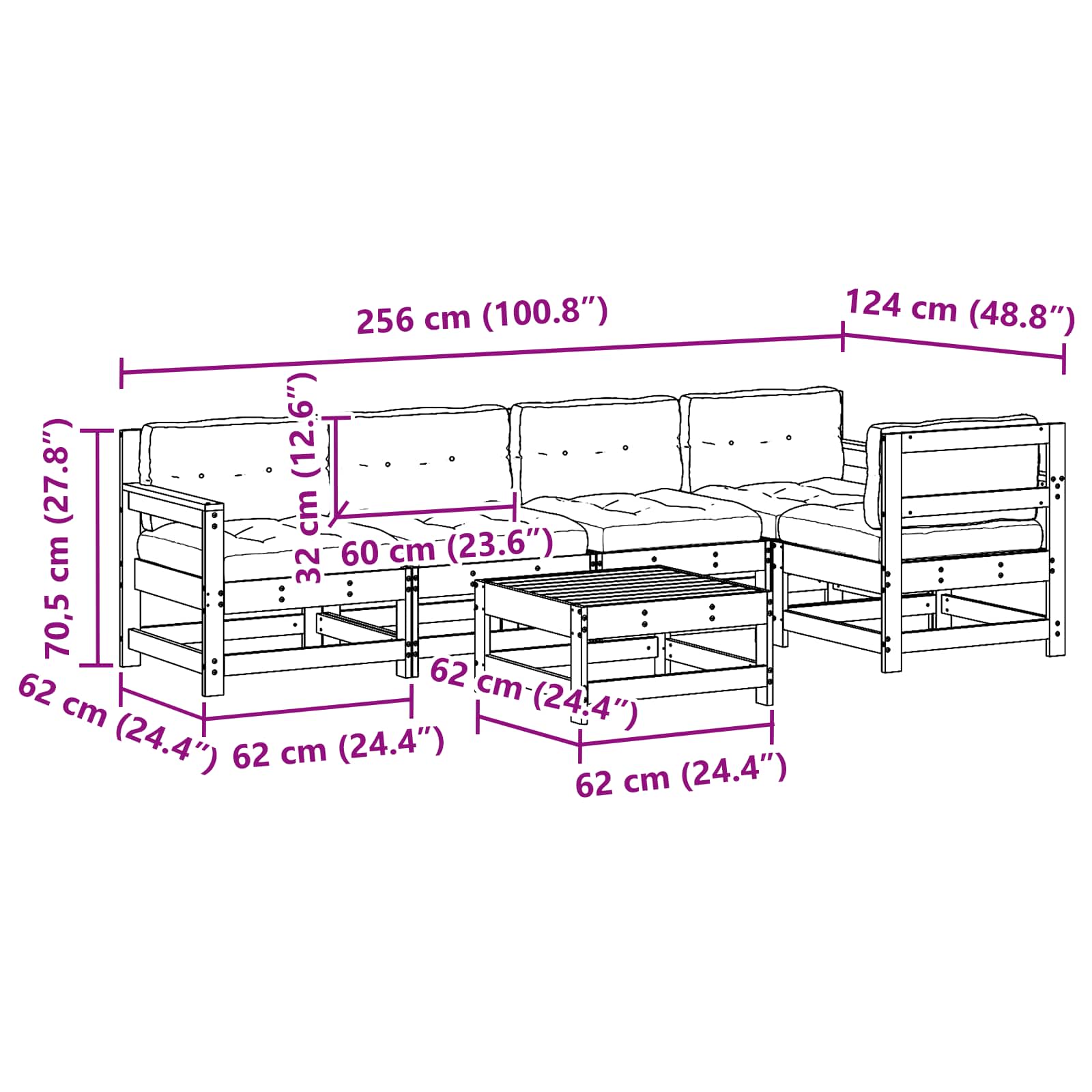 Tuin loungeset 6 pcs Wasbruin Massief grenenhout