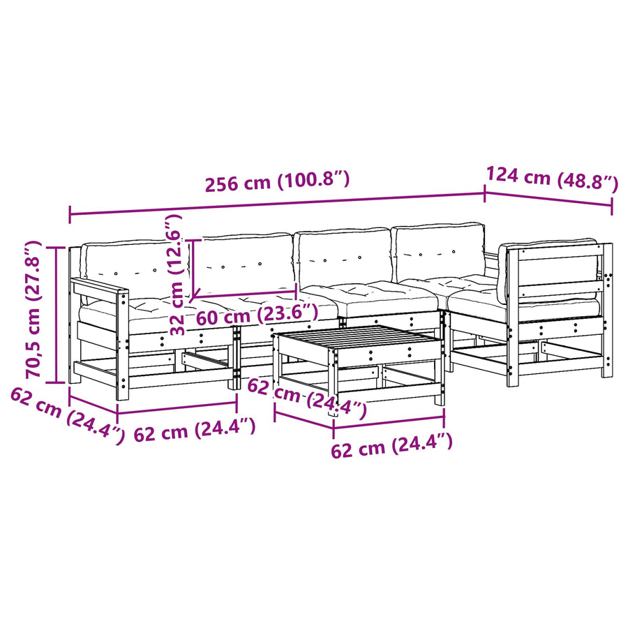 Tuin loungeset 6 pcs Wasbruin Massief grenenhout