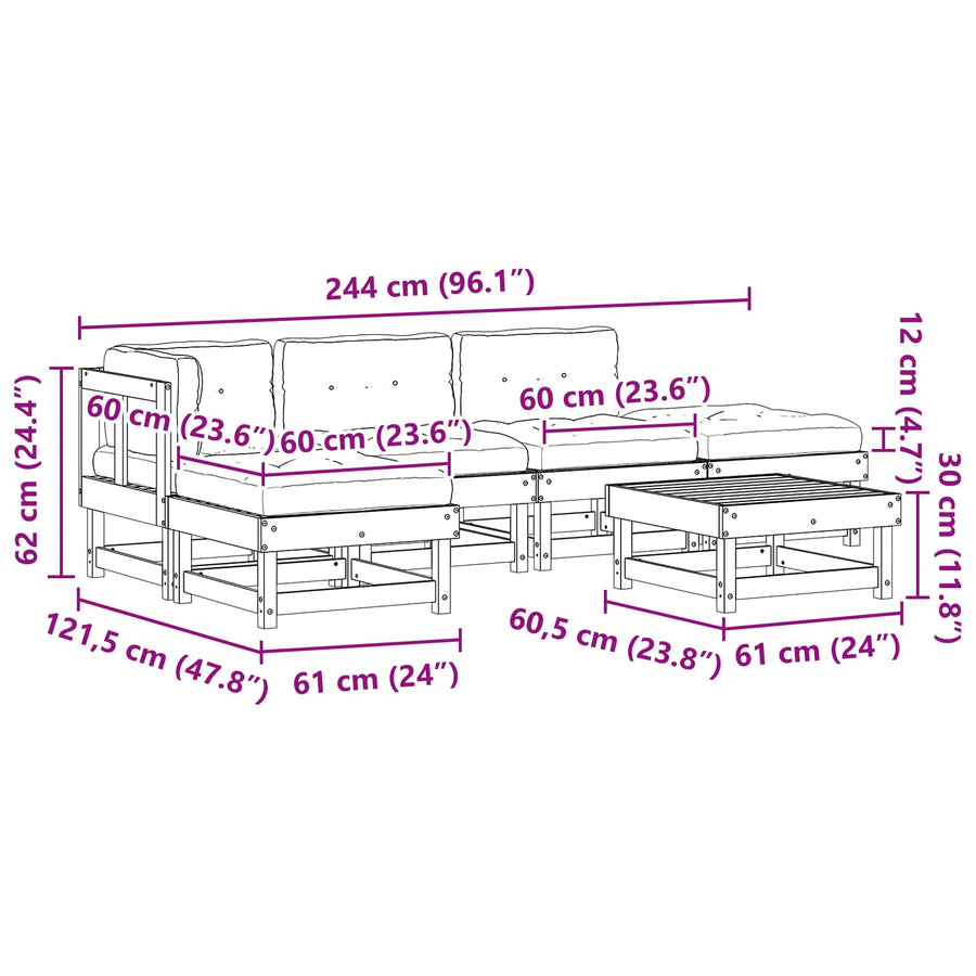 Tuin loungeset 6 pcs Wasbruin Massief grenenhout