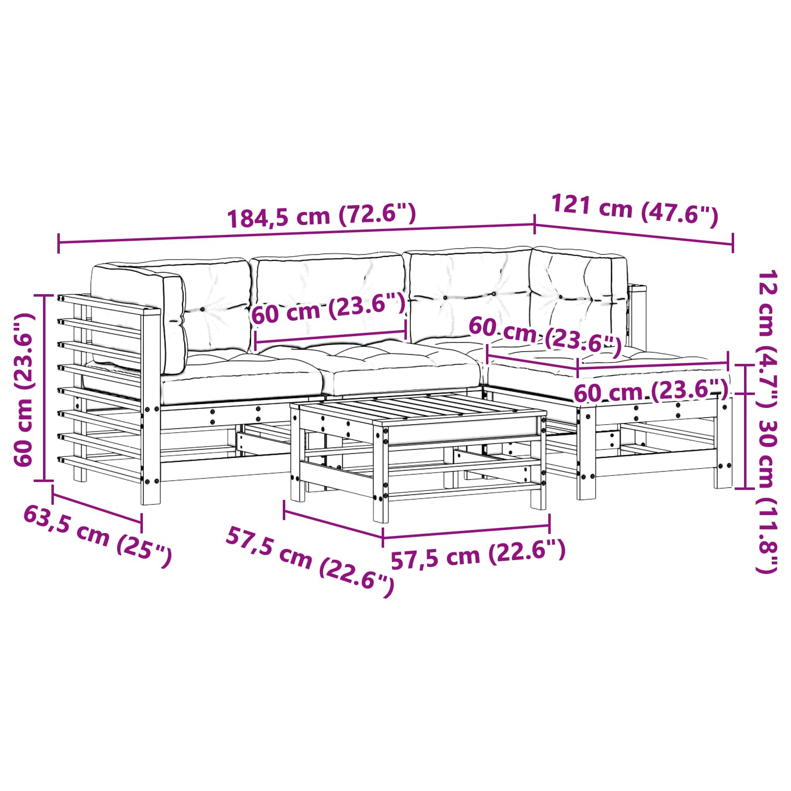 Tuin loungeset 5 pcs Wasbruin Massief grenenhout
