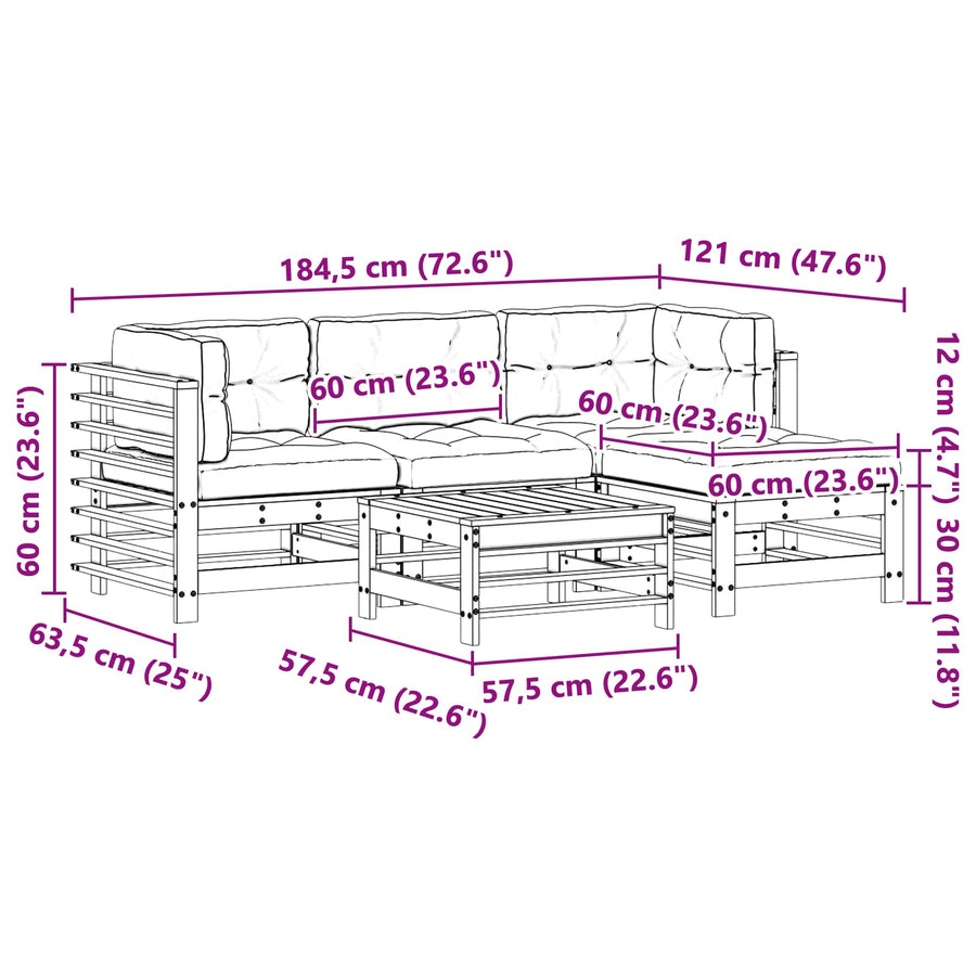 Tuin loungeset 5 pcs Wasbruin Massief grenenhout