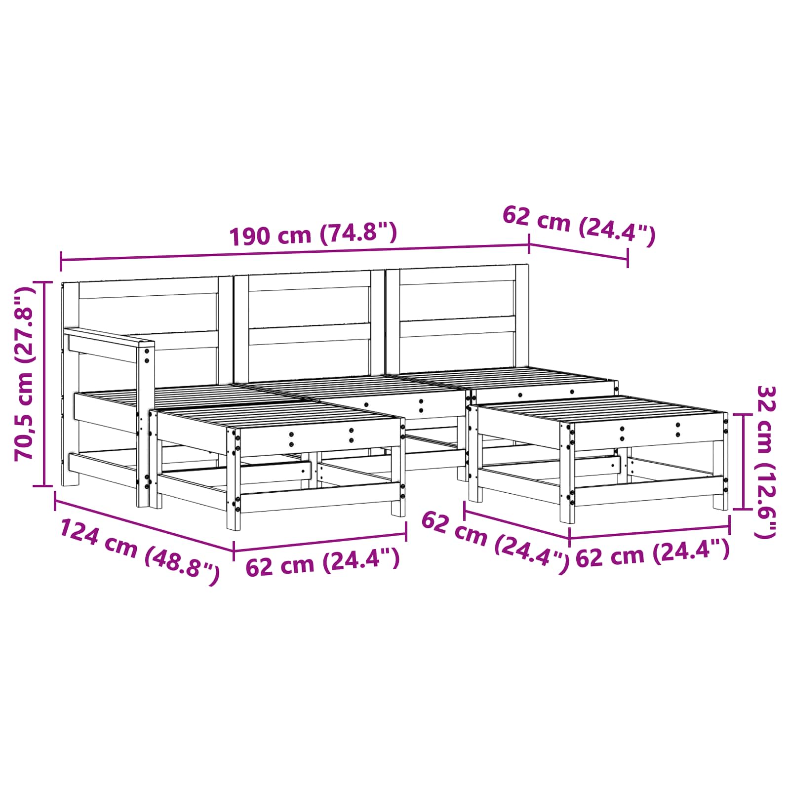 Tuin loungeset 5 pcs Waskleur Bruin Massief grenenhout