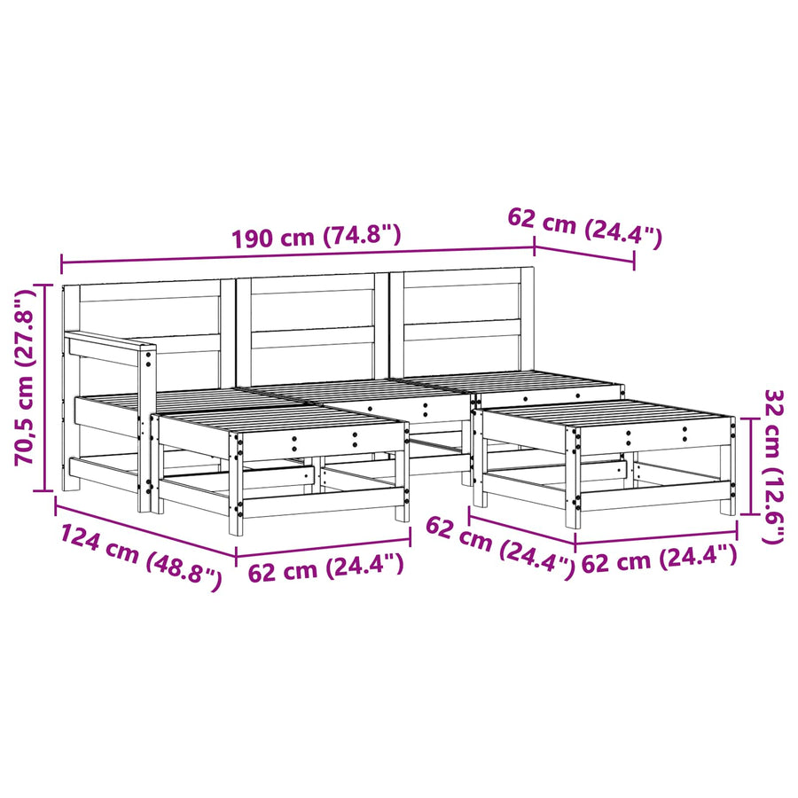 Tuin loungeset 5 pcs Waskleur Bruin Massief grenenhout