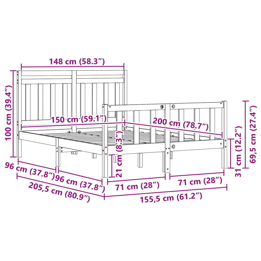 Bedframe 2 pcs Wasbruin 150 x 200 cm Massief grenenhout