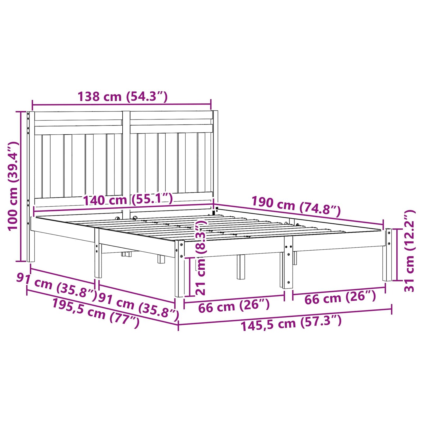 Bedframe 2 pcs Wasbruin 140 x 190 cm Massief grenenhout