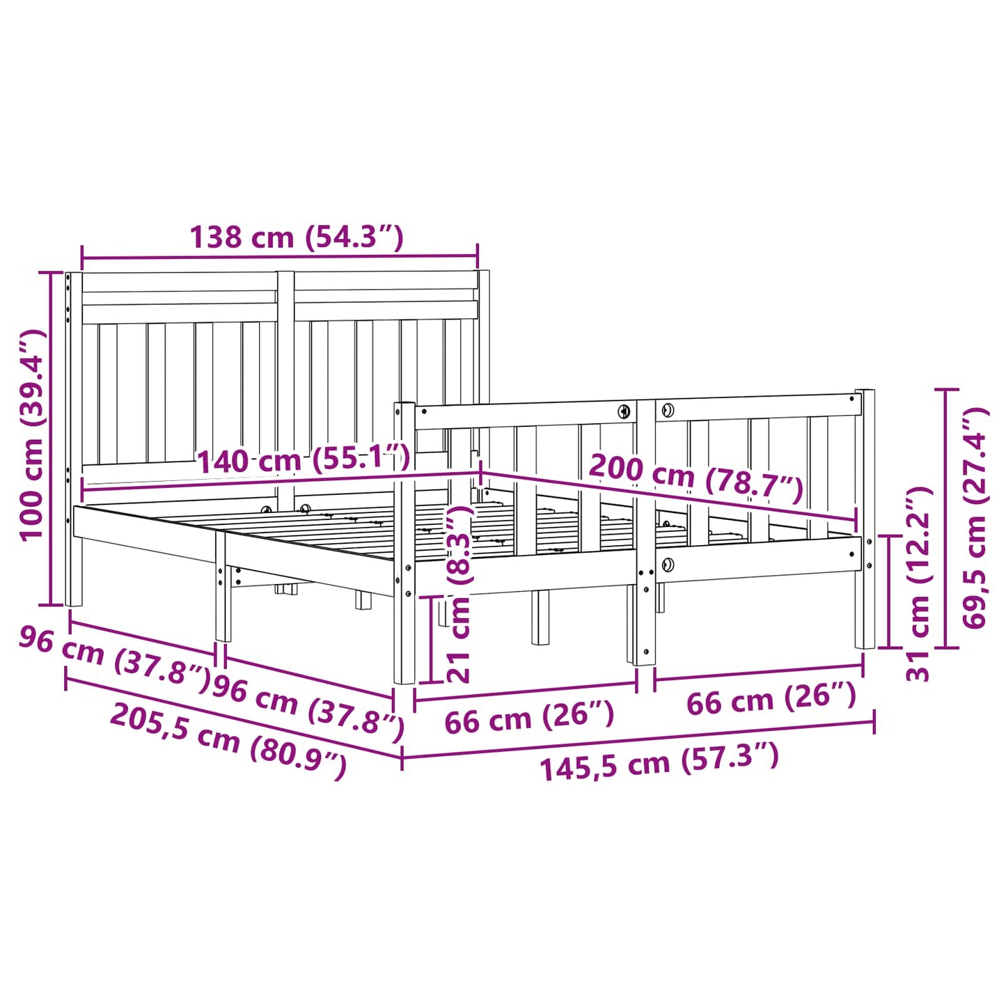 Bedframe 2 pcs Wasbruin 140 x 200 cm Massief grenenhout