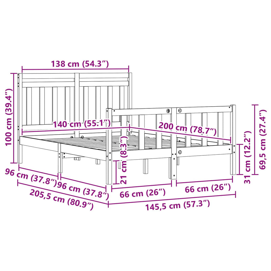 Bedframe 2 pcs Wasbruin 140 x 200 cm Massief grenenhout
