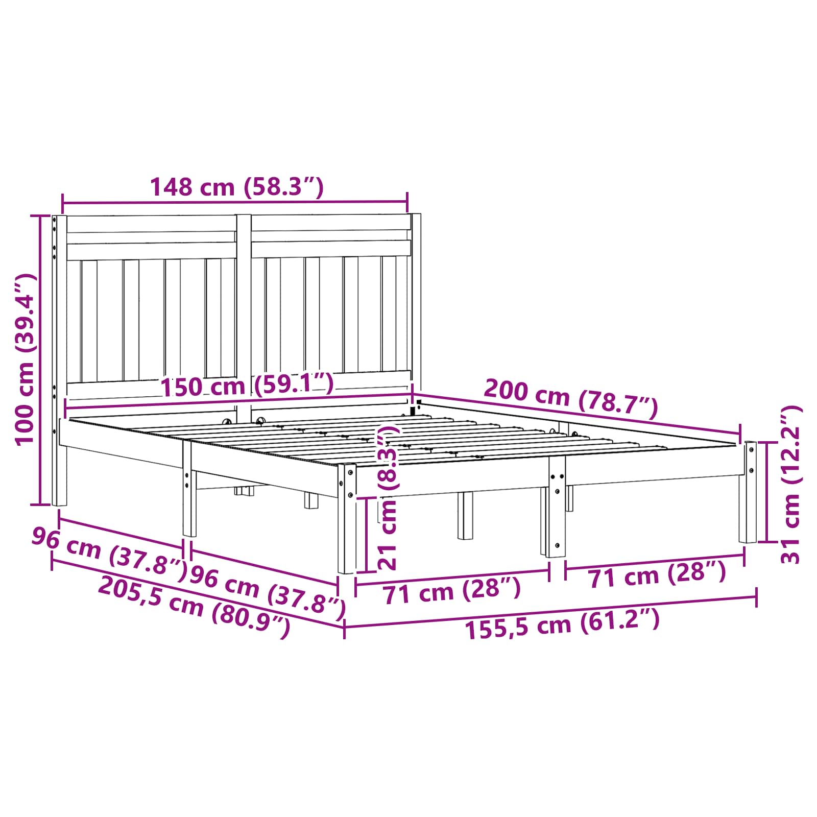 Bedframe 2 pcs Wasbruin 150 x 200 cm Massief grenenhout