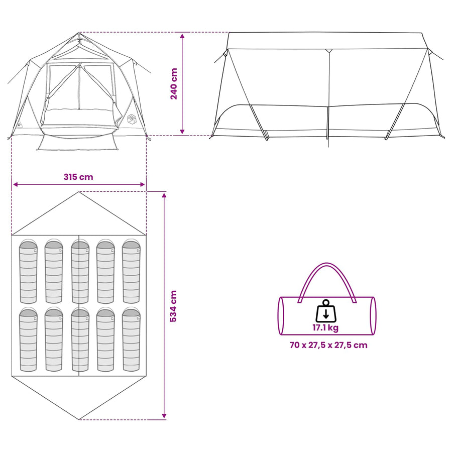 Tunneltent met dak Groen 10-persoons Polyester en staal