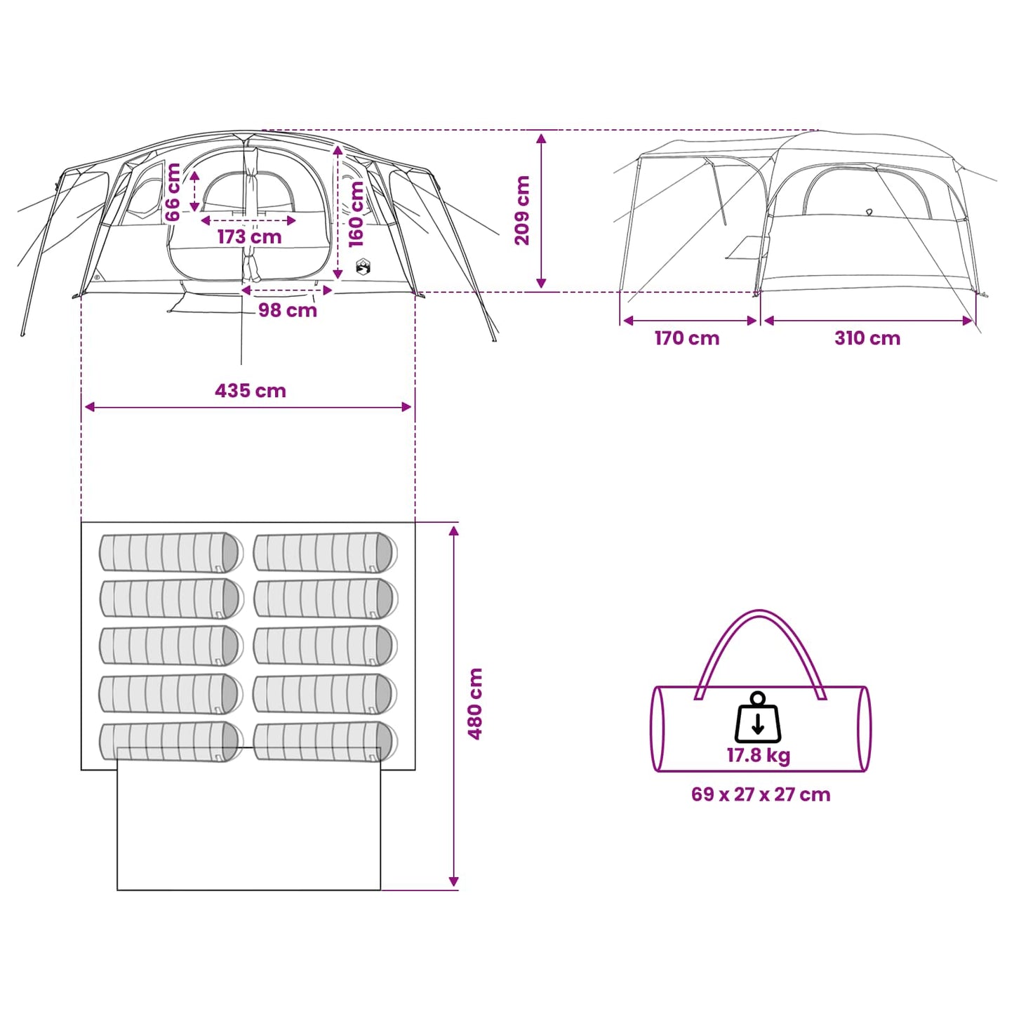 Tunneltent met dak Blauw 427 x 305 x 205 cm Polyester en staal