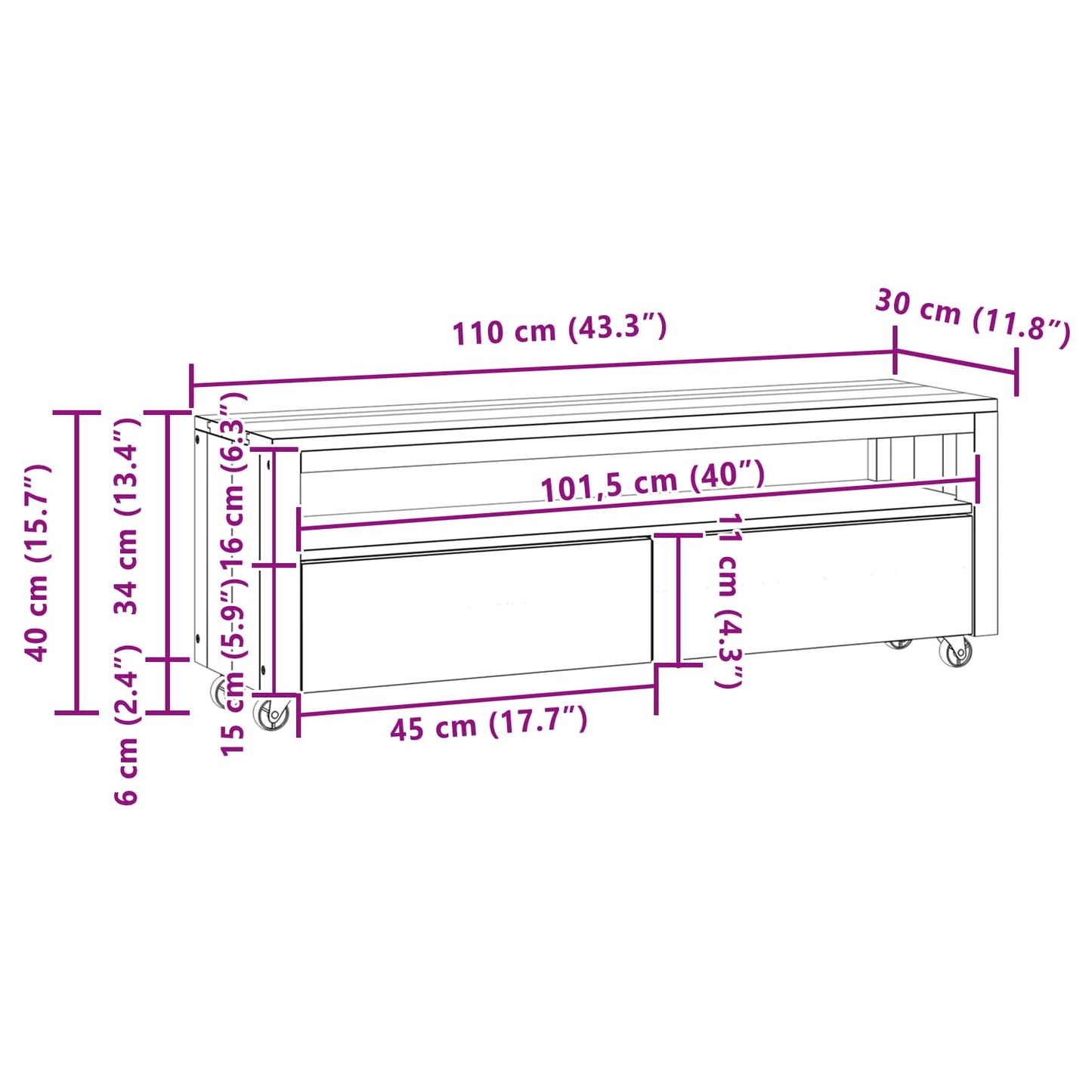 Tv-meubel 110 x 30 x 40 cm Naturel Massief Teakhout