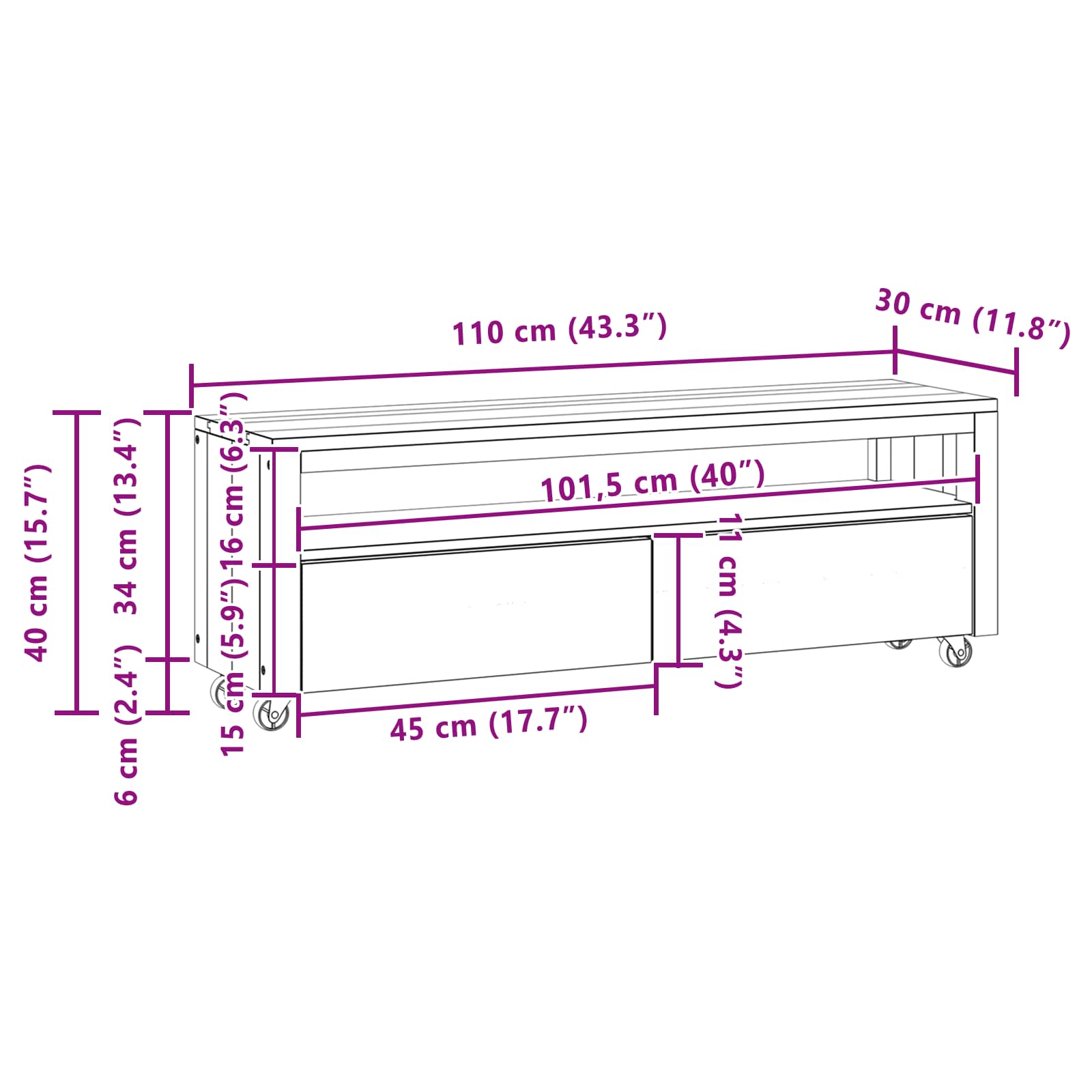 Tv-meubel 110 x 30 x 40 cm Naturel Massief Teakhout