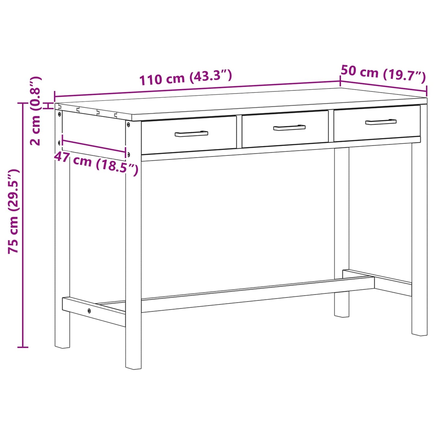Bureau met lades Naturel Massief Teakhout 110 x 50 x 75 cm