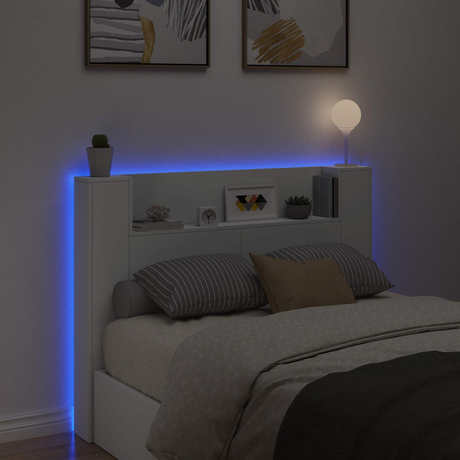 Hoofdbord Kast met LED Wit 140 x 16,5 x 103,5 cm Bewerkt hout
