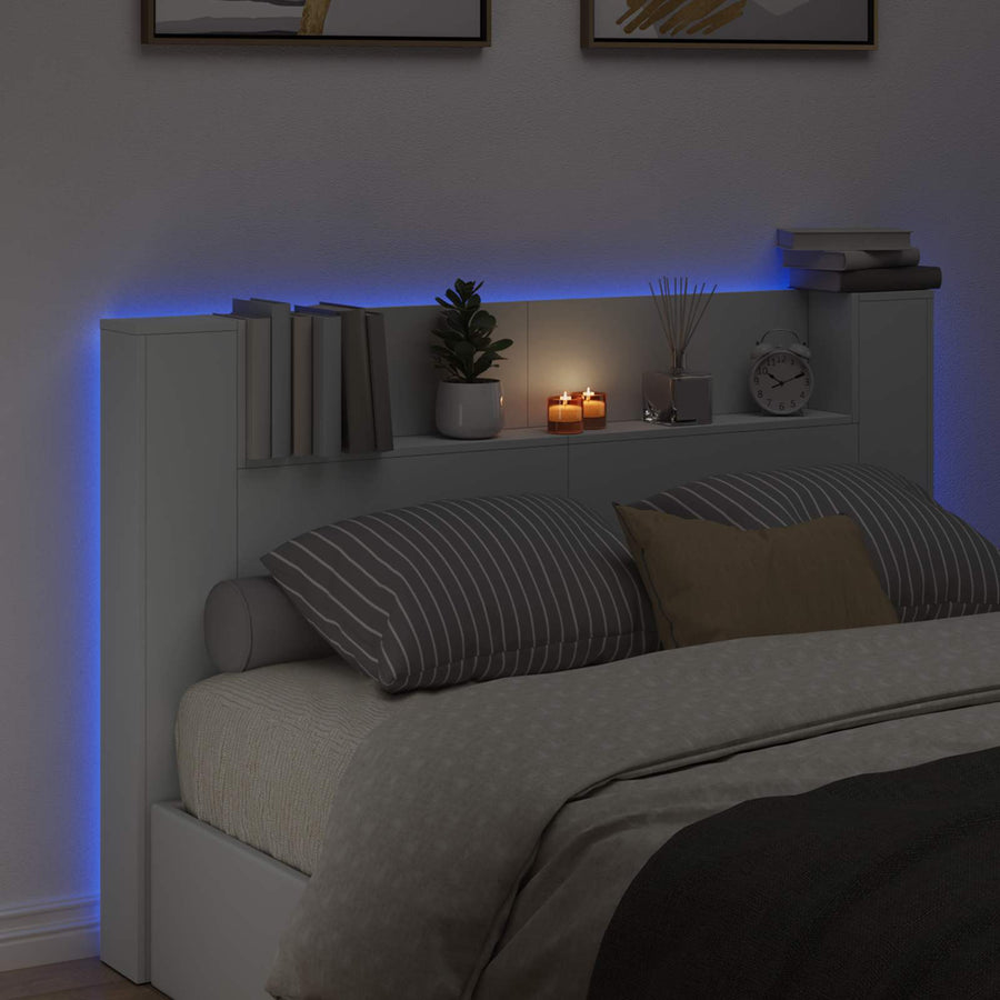 Hoofdbord Kast met LED Wit 160 x 16,5 x 103,5 cm Bewerkt hout