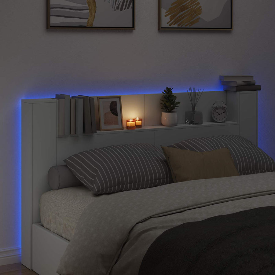 Hoofdbord Kast met LED Wit 180 x 16,5 x 103,5 cm Bewerkt hout