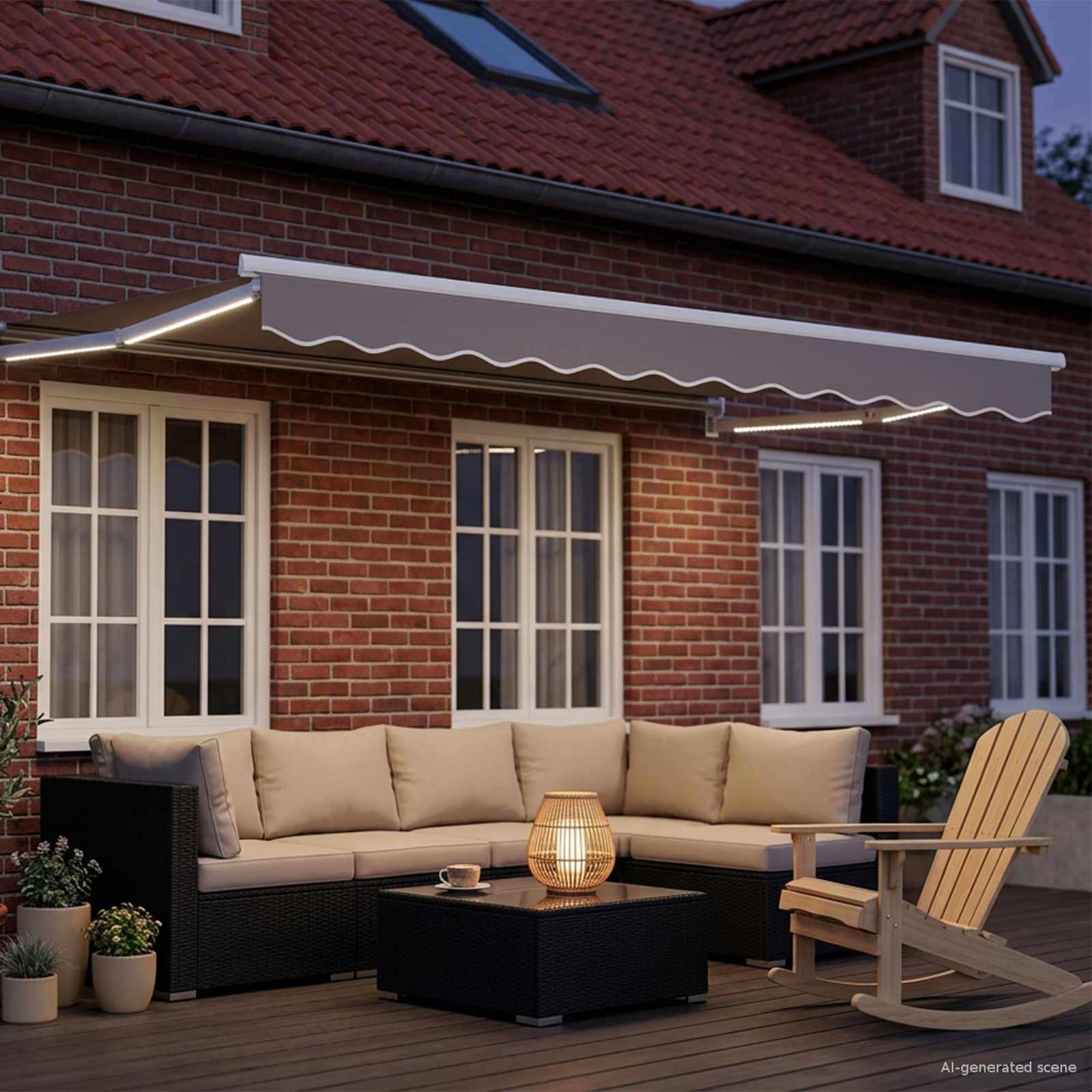 Handbediende luifel met LED's Lichtgrijs en wit. 2,5 x 2 m