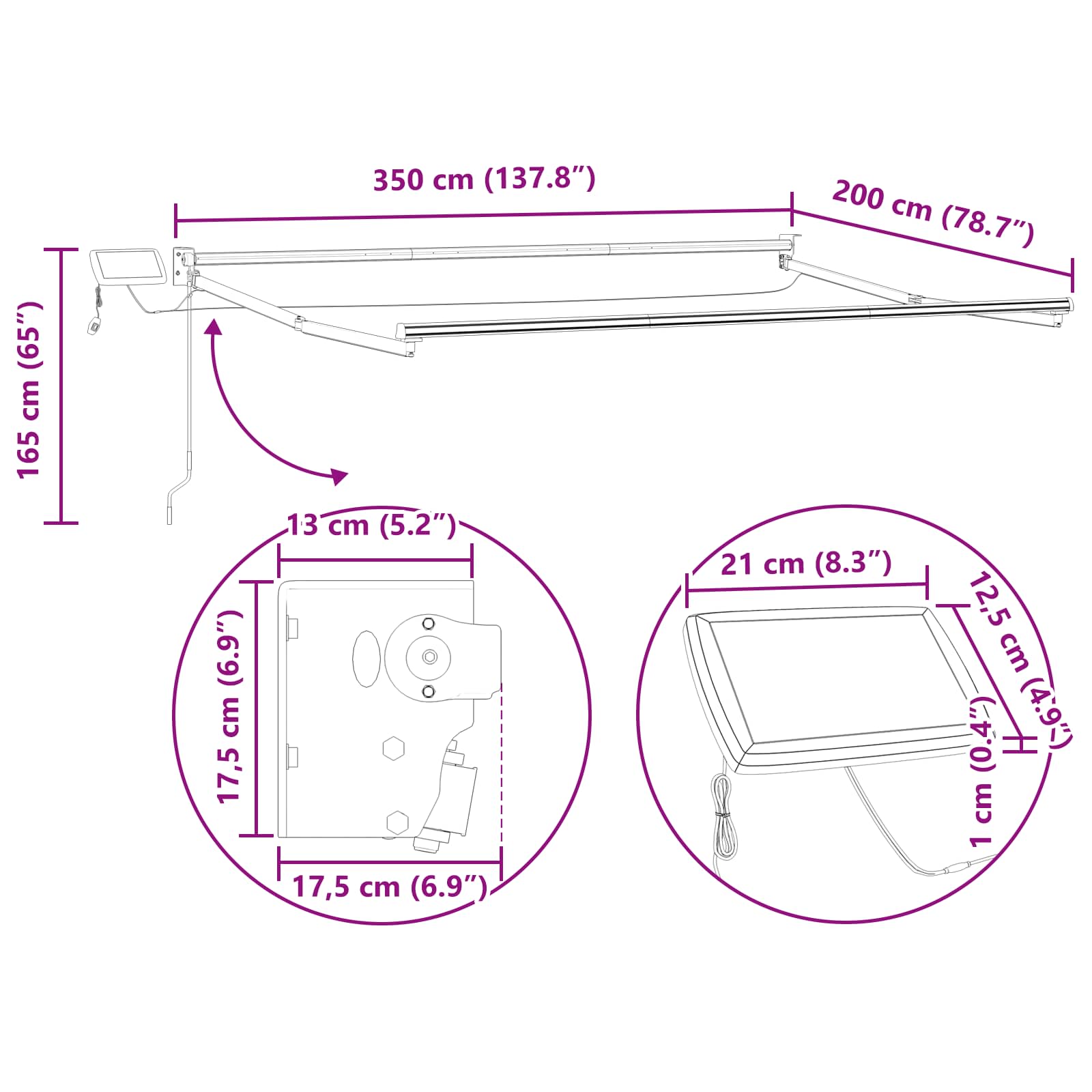 Handbediende luifel met LED's Beige 3,5 x 2 m