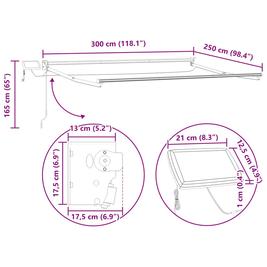 Handbediende luifel met LED's Blauw en Wit 3 x 2,5 m