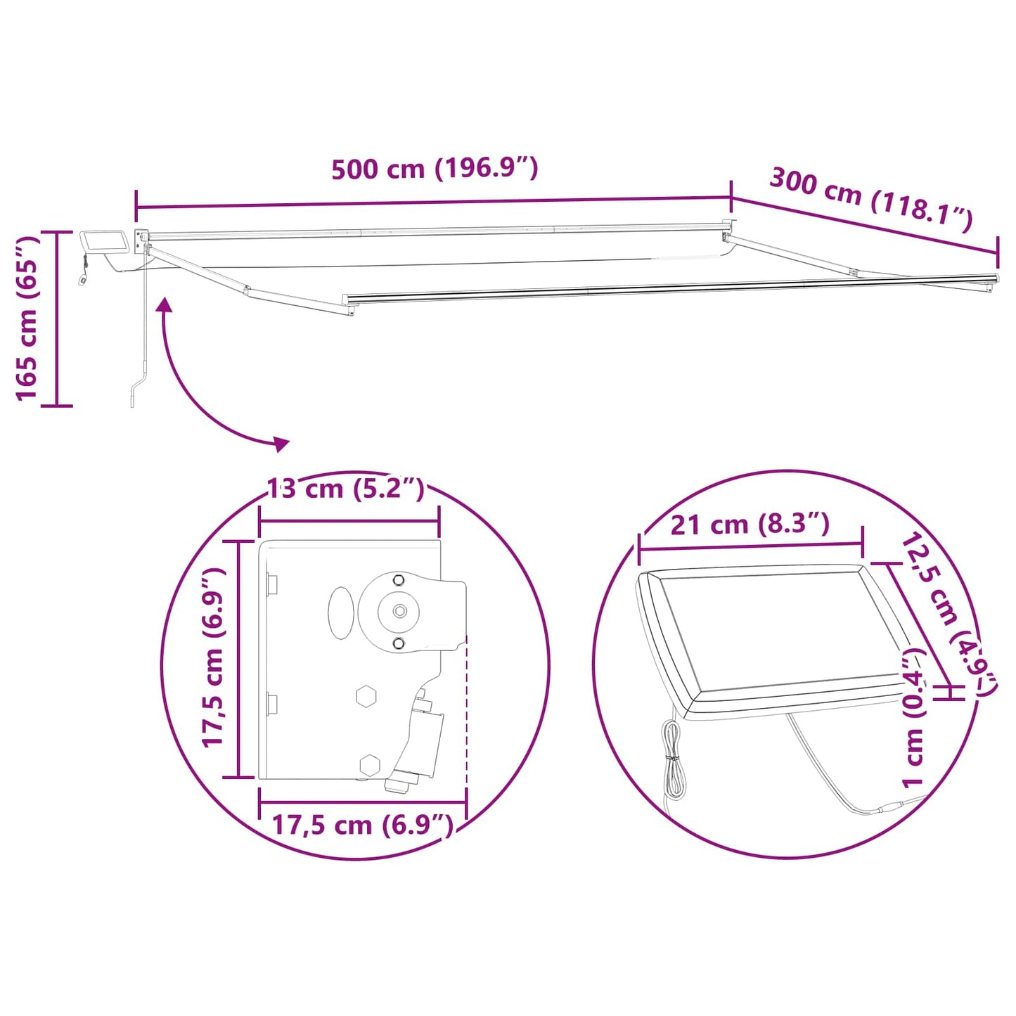 Handbediende luifel met LED's Antraciet 5 x 3 m
